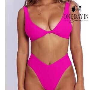 Aleumdr High Cut Knot Front Cheeky Bikini Swimsuit Size L